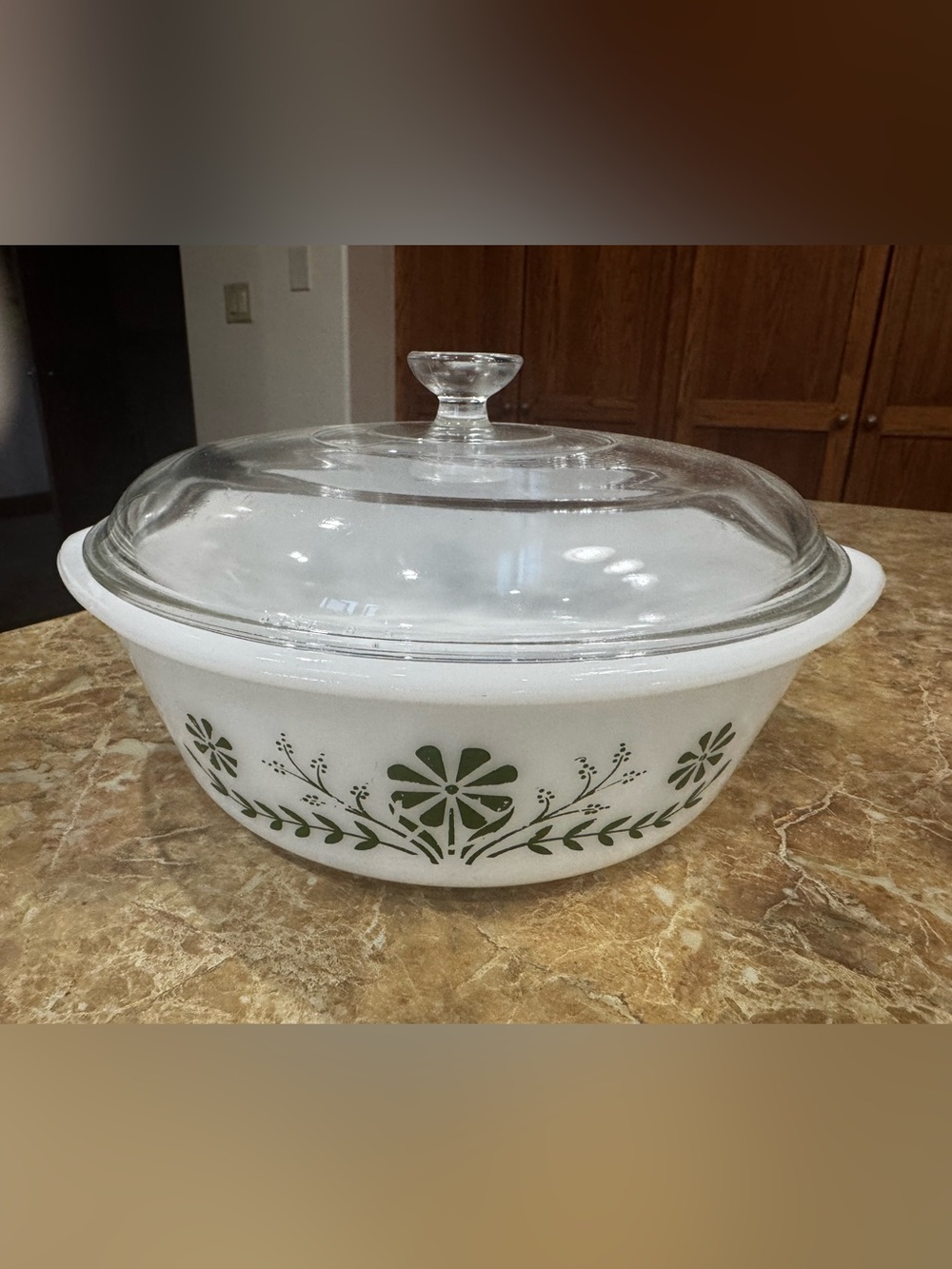 Vintage Glasbake Casserole Dish Lid 2QT Green Daisies White Covered Baking